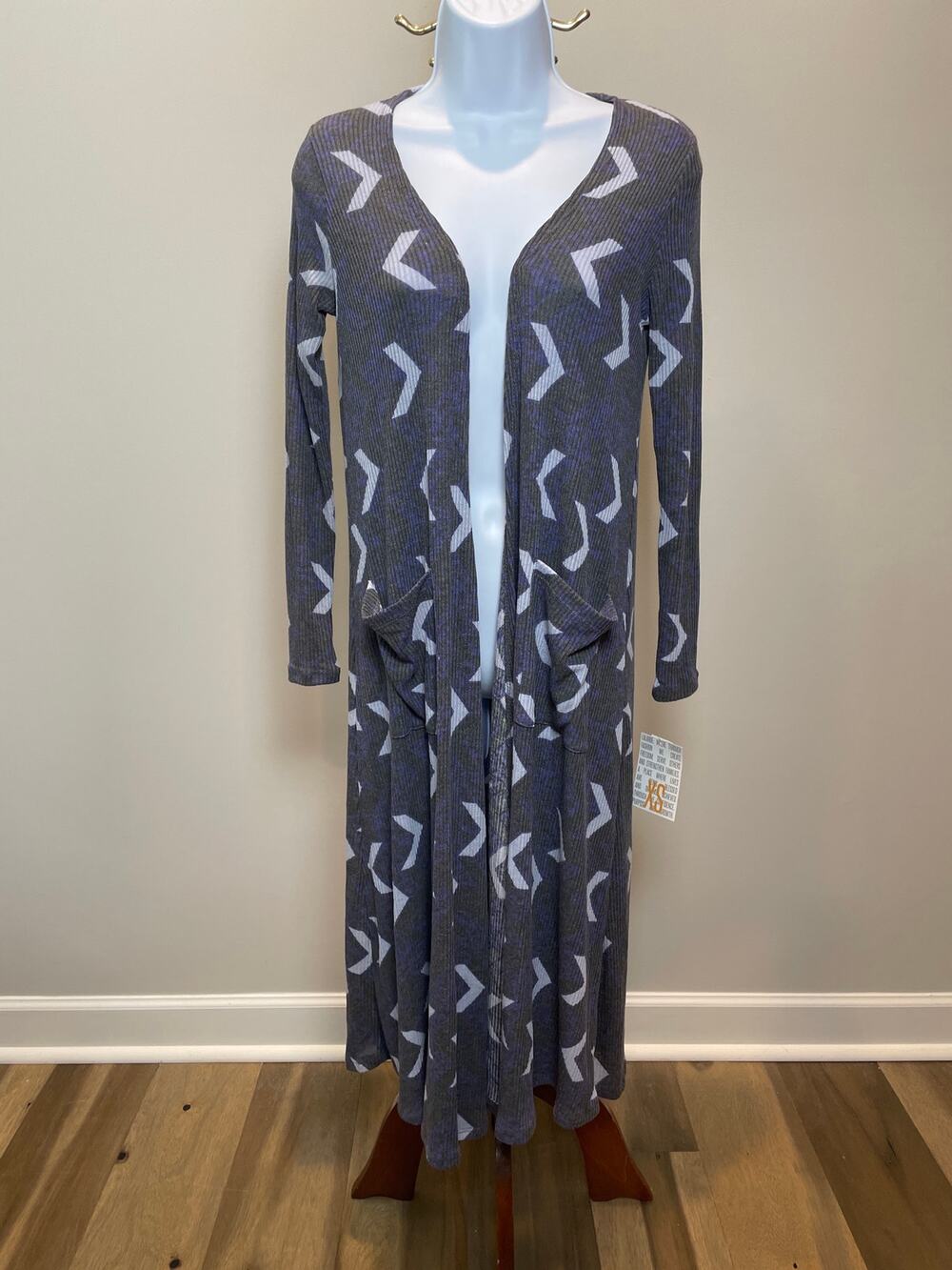 LuLaRoe Open Wrap Cardigan XS Black Multi Geometric Pattern Stretch Knit NWT
